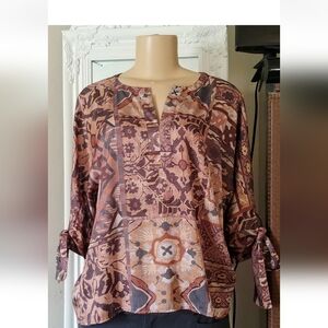 Chico's Woman Top Satin Casual Career Boho Blouse tie sleeves Shirt  Med